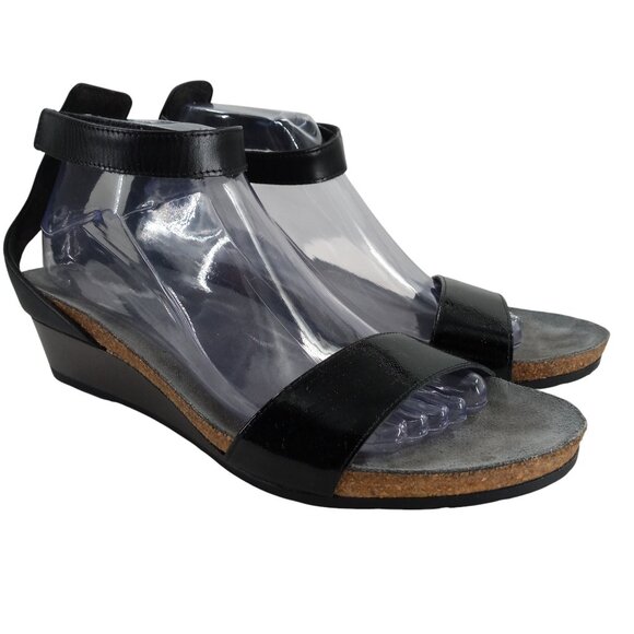 Naot Pixie Black Patent Leather Wedge Sandals Size 41 US 10-10.5 Ankle Strap - Picture 1 of 14